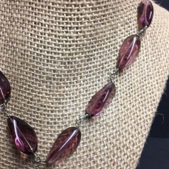 Y Drop Necklace Purple Organic Chunky Translucent Silver Chain Retro Boho Soft - Picture 3 of 7